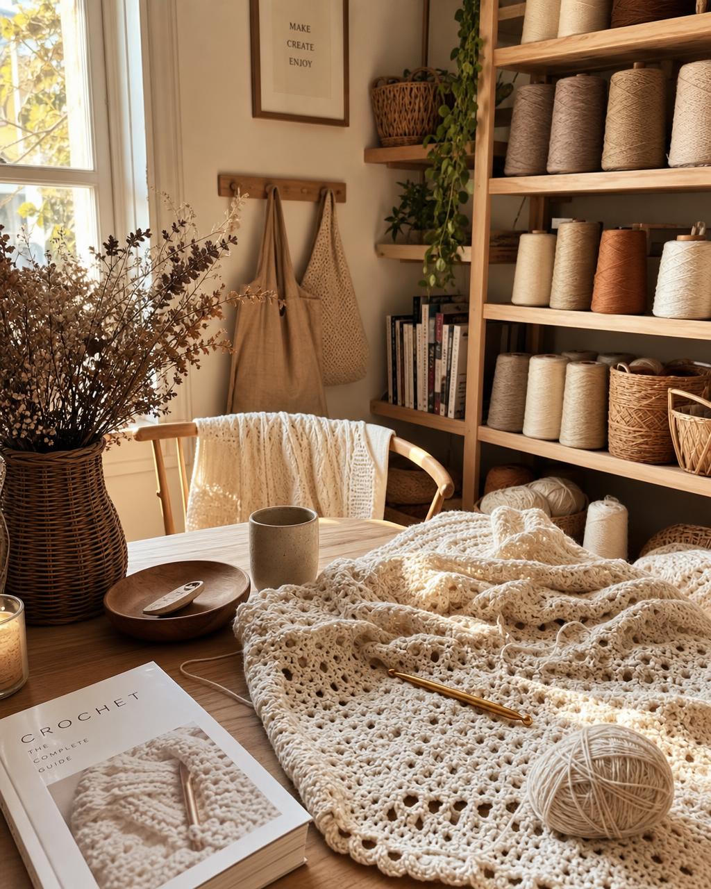 Dreamy Crochet studio with yarn and crochet work